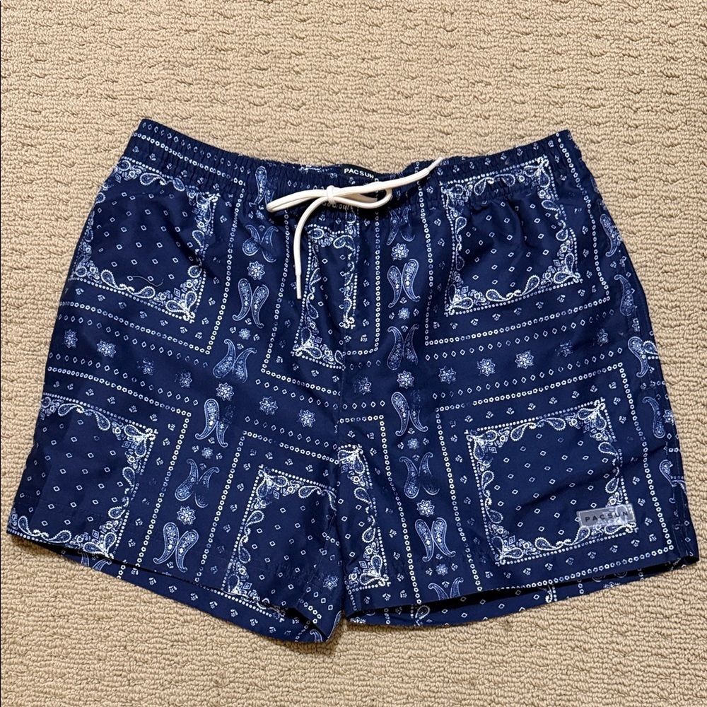 PacSun Men’s Navy Bandana Paisley Print Swim Trunks, Size Small.